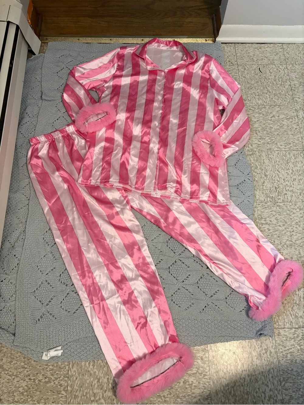 Pink Satin Stripe Pajama Set with Feathered Cuffs - Picture 3 of 6